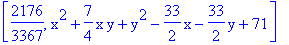 [2176/3367, x^2+7/4*x*y+y^2-33/2*x-33/2*y+71]